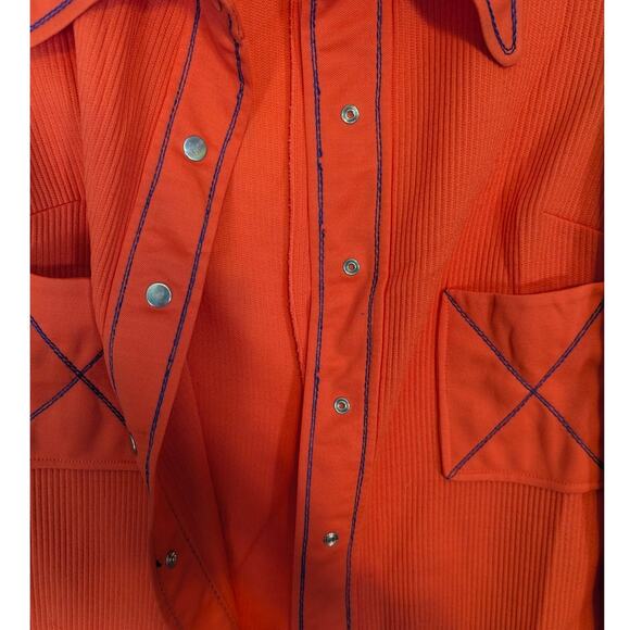 Vintage 60's 70's Women's Orange Dagger Collar Blouse Ribbed Snap Polyester - Picture 6 of 8